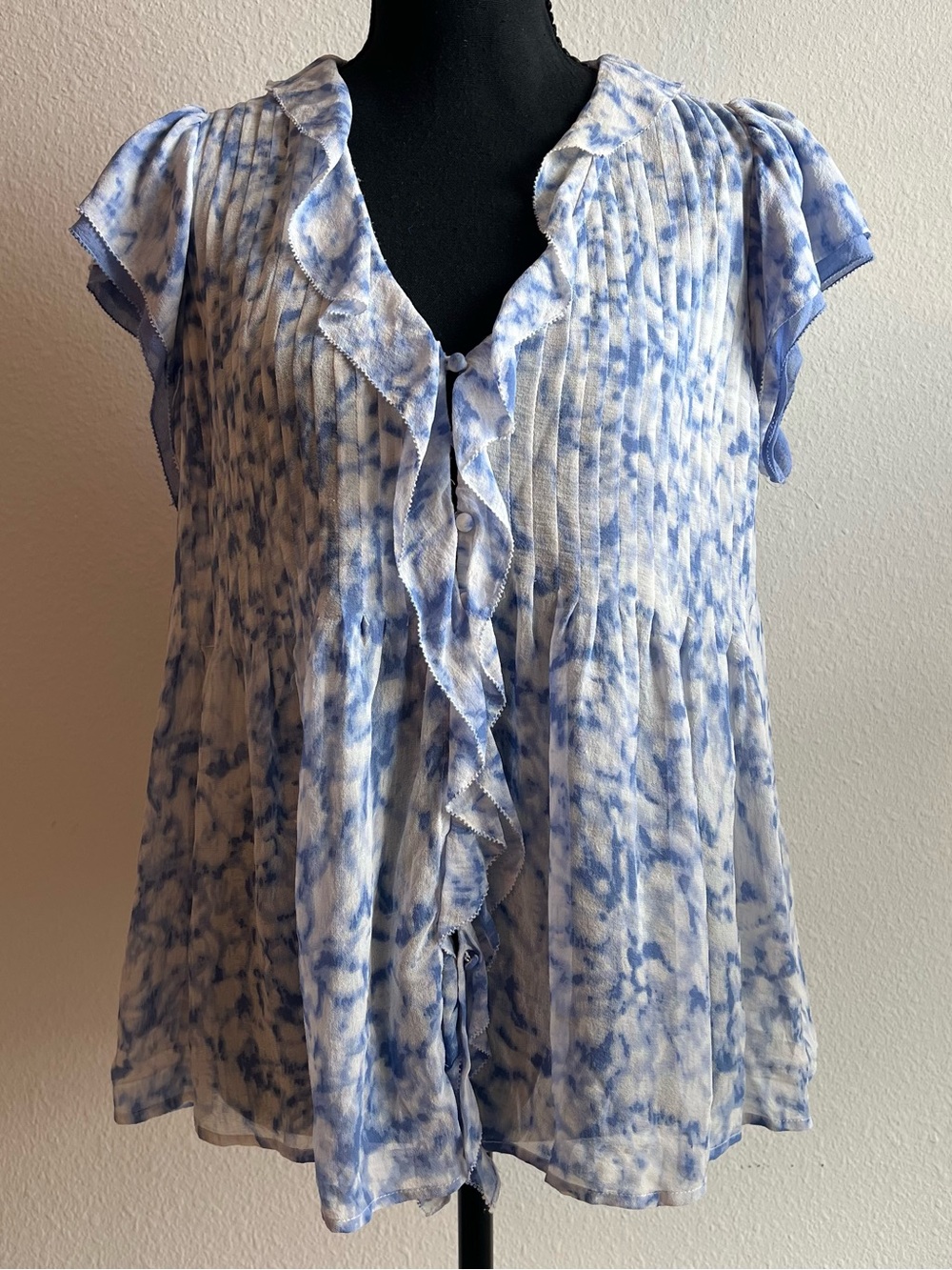 Joie 100% Silk Pintuck Ruffle Button Blouse Sheer Abstract Blue/White LG/XL